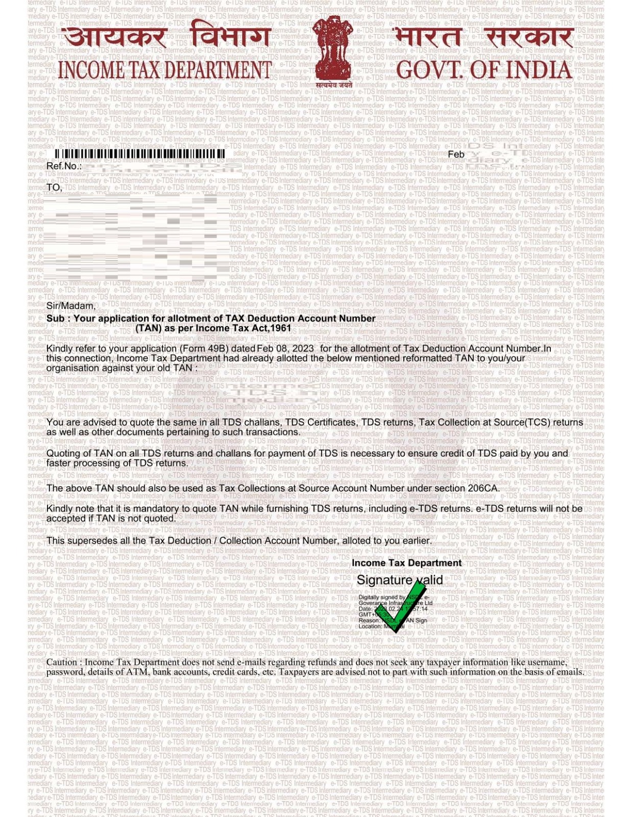 Sample preview for E-TAN (Tax Deduction Account Number)